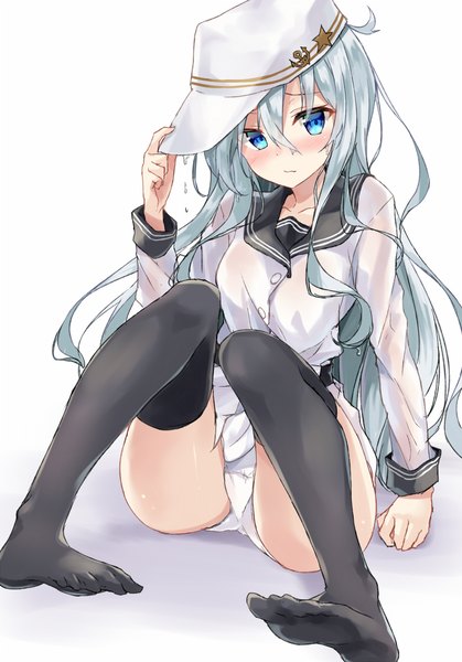 Anime picture 780x1116 with kantai collection hibiki destroyer verniy destroyer kakao rantan single long hair tall image looking at viewer blush fringe blue eyes light erotic simple background hair between eyes white background sitting silver hair full body bent knee (knees) long sleeves