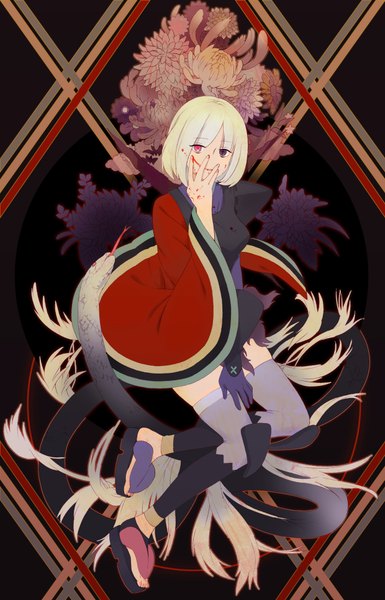 Anime picture 1240x1934 with katanagatari white fox togame kaisen single tall image looking at viewer short hair full body bent knee (knees) white hair traditional clothes japanese clothes heterochromia symbol-shaped pupils hand on face blood on face girl thighhighs flower (flowers)