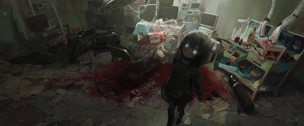 Anime picture 1920x800 with original 413 (artist) single looking at viewer fringe highres short hair blue eyes black hair hair between eyes wide image standing signed full body indoors girl dress gloves boots blood