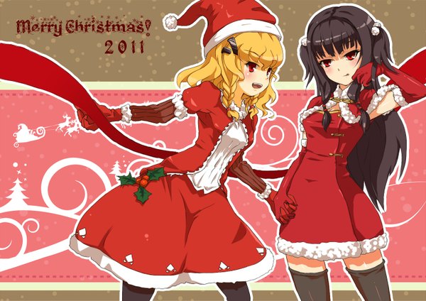 Anime picture 1500x1061 with original sirills long hair blush short hair open mouth black hair blonde hair red eyes standing multiple girls zettai ryouiki fur trim christmas merry christmas girl thighhighs gloves hair ornament ribbon (ribbons)