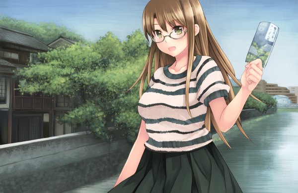 Anime picture 1230x800 with original oribe shiori kouno hikaru single long hair looking at viewer blush open mouth brown hair brown eyes girl skirt glasses sweater