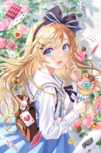 Anime picture 1215x1837 with alice in wonderland original alice (alice in wonderland) morikura en single long hair tall image looking at viewer blush fringe open mouth blue eyes blonde hair standing holding signed long sleeves from above teeth turning head
