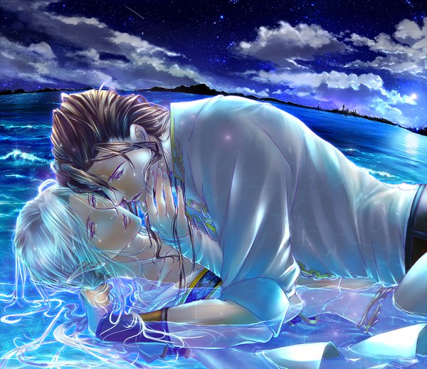 Anime picture 1600x1383 with original rin-shiba long hair light erotic brown hair green eyes sky silver hair cloud (clouds) lying pointy ears night multiple boys wet hand on chest wet clothes shounen ai almost kiss boy water