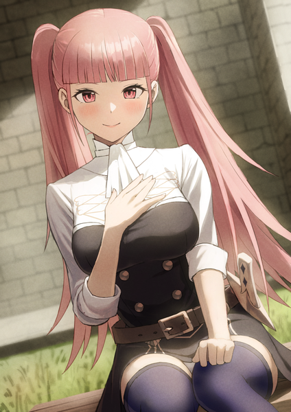 Anime picture 984x1392 with fire emblem fire emblem: three houses nintendo hilda valentine goneril fagi (kakikaki) single long hair tall image looking at viewer blush fringe light erotic smile sitting twintails payot pink hair outdoors blunt bangs pink eyes