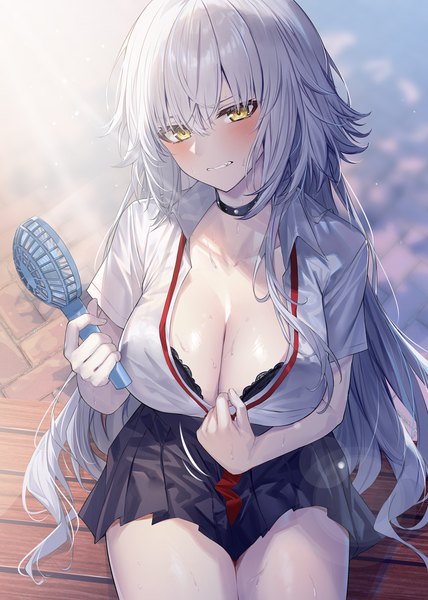 Anime picture 893x1252 with fate (series) fate/grand order jeanne d'arc (fate) (all) jeanne d'arc alter (fate) heirou single long hair tall image looking at viewer fringe breasts light erotic smile hair between eyes large breasts sitting yellow eyes cleavage silver hair outdoors