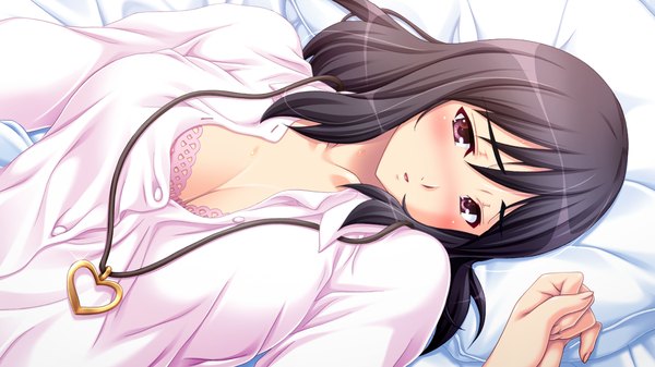 Anime picture 1280x720 with marriage blue skyhouse long hair blush light erotic black hair wide image purple eyes game cg lying girl shirt pendant