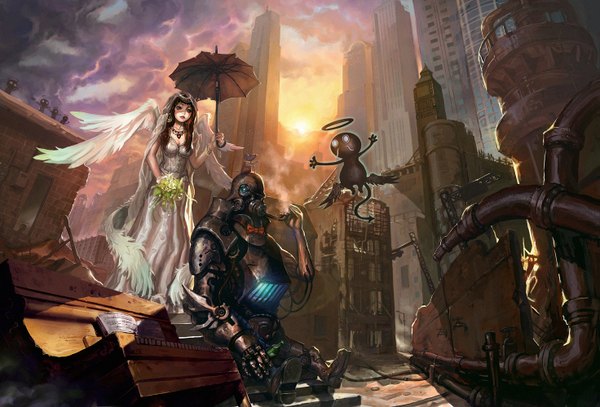 Anime picture 1471x1000 with original inshoo (shaonav) long hair brown hair cloud (clouds) city flying demon tail ruins science fiction girl dress animal wings bowtie book (books) building (buildings) umbrella jewelry halo