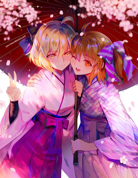 Anime picture 750x968 with fate (series) fate/grand order koha-ace okita souji (fate) (all) okita souji (koha-ace) fujimaru ritsuka (female) astarone tall image looking at viewer short hair blonde hair smile multiple girls yellow eyes ahoge traditional clothes japanese clothes one eye closed wink orange hair