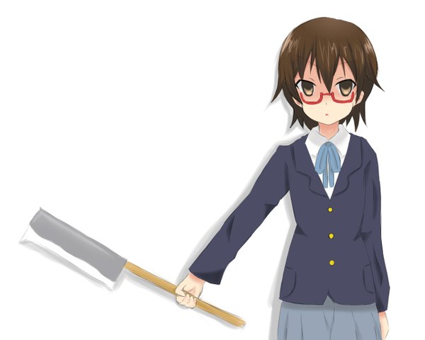 Anime picture 1280x1024 with k-on! kyoto animation manabe nodoka chiro (bocchiropafe) single looking at viewer fringe short hair simple background hair between eyes brown hair standing white background holding brown eyes :o girl uniform weapon school uniform