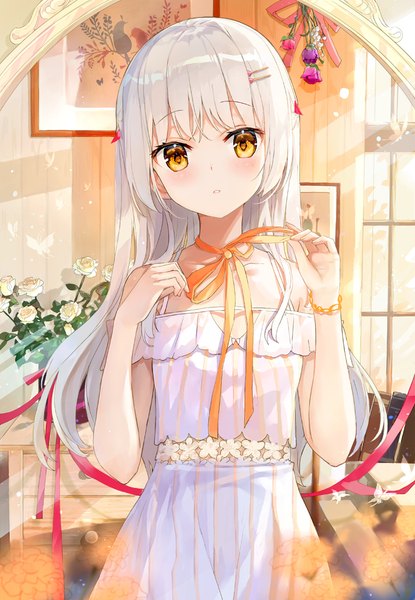 Anime picture 715x1033 with original fuumi (radial engine) single long hair tall image looking at viewer blush fringe standing holding yellow eyes white hair indoors parted lips reflection pov female pov girl dress flower (flowers)