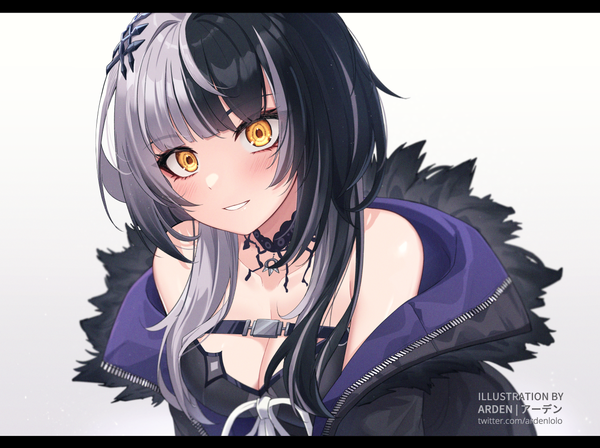 Anime picture 1191x890 with virtual youtuber hololive hololive english shiori novella shiori novella (1st costume) ardenlolo single long hair fringe breasts black hair simple background signed yellow eyes looking away cleavage silver hair blunt bangs multicolored hair open jacket