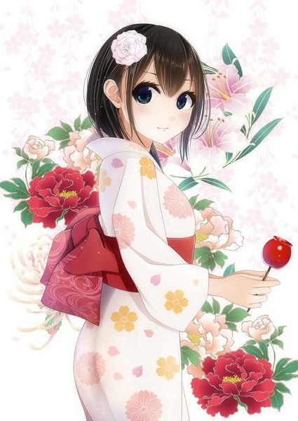 Anime picture 753x1063 with original kentaurosu single tall image looking at viewer short hair blue eyes black hair traditional clothes japanese clothes hair flower floral background girl hair ornament flower (flowers) food kimono obi fruit candy apple