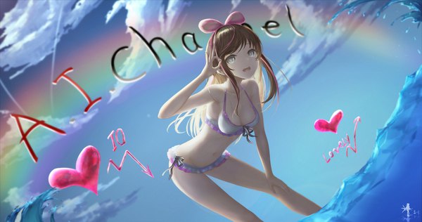 Anime picture 1920x1014 with virtual youtuber a.i. channel kizuna ai wangchuan de quanyan single long hair looking at viewer highres breasts open mouth light erotic brown hair wide image sky cloud (clouds) multicolored hair arm support two-tone hair grey eyes leaning