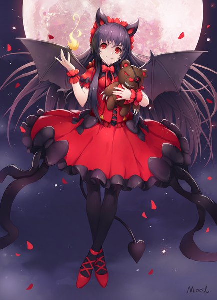 Anime picture 869x1200 with league of legends annie (league of legends) tibbers (league of legends) mool yueguang long hair tall image fringe black hair smile hair between eyes red eyes holding animal ears full body tail night short sleeves night sky crossed legs demon girl