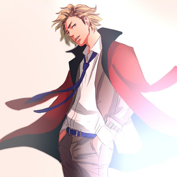 Anime picture 1034x1034 with haikyuu!! production i.g ukai keishin single looking at viewer short hair simple background blonde hair standing white background head tilt open clothes open jacket hands in pockets twisty sleeves boy shirt necktie jacket belt