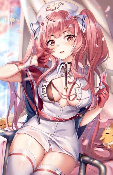 Anime picture 809x1250 with azur lane manjuu (azur lane) perseus (azur lane) perseus (nursery service time) (azur lane) squchan single long hair tall image looking at viewer blush fringe breasts open mouth light erotic red eyes large breasts sitting twintails holding signed