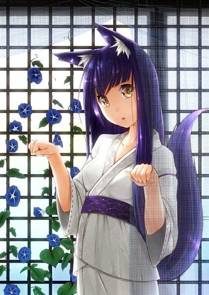 Anime picture 717x1012 with original pyz (cath x tech) single long hair tall image fringe open mouth standing animal ears yellow eyes purple hair tail long sleeves traditional clothes japanese clothes animal tail wide sleeves fox ears fox tail fox girl