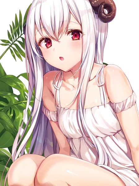 Anime picture 1060x1416 with original komeshiro kasu single long hair tall image looking at viewer blush fringe open mouth simple background hair between eyes red eyes white background sitting white hair horn (horns) off shoulder :o girl dress