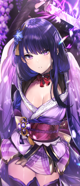 Anime picture 1645x3821 with genshin impact raiden shogun kanniiepan single long hair tall image looking at viewer blush fringe breasts standing cleavage purple hair braid (braids) traditional clothes parted lips japanese clothes pink eyes hair flower mole