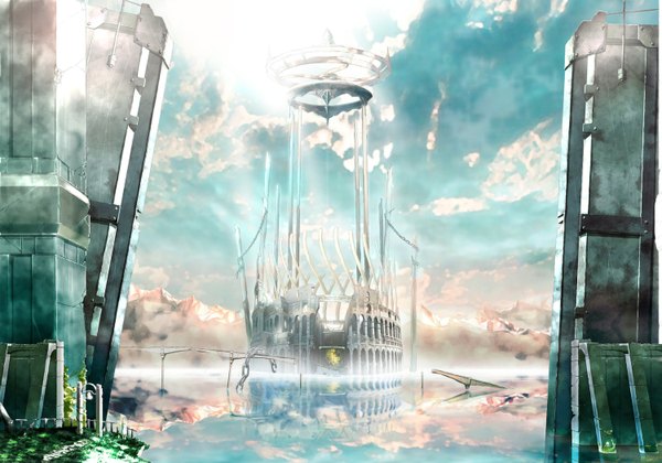 Anime picture 1500x1052 with original rery rr23 sky cloud (clouds) sunlight reflection mountain no people ruins lake water building (buildings) chain bridge