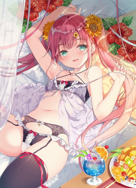 Anime picture 868x1200 with original miwabe sakura single long hair tall image looking at viewer blush fringe open mouth light erotic smile twintails payot red hair lying blunt bangs head tilt :d arm up hair flower