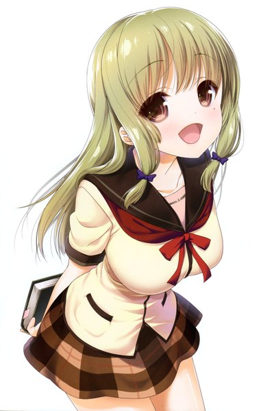 Anime picture 4672x6993 with jinsei kujou fumi nanase meruchi single long hair tall image looking at viewer highres open mouth simple background blonde hair white background brown eyes absurdres scan mole mole under eye tress ribbon girl skirt