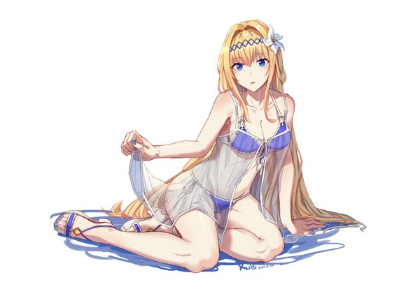Anime picture 4093x2894 with granblue fantasy jeanne d'arc (granblue fantasy) hfp kubiao single long hair looking at viewer blush fringe highres breasts open mouth blue eyes light erotic blonde hair hair between eyes white background sitting holding signed payot