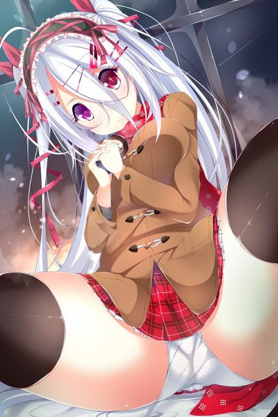 Anime picture 1333x2000 with original yoaferia single long hair tall image looking at viewer blush fringe breasts light erotic red eyes large breasts sitting purple eyes twintails holding silver hair white hair pleated skirt spread legs