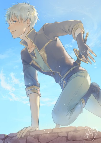 Anime picture 744x1052 with akagami no shirayukihime studio bones zen wistalia (akagami no shirayukihime) sua lucid single tall image short hair blue eyes sky silver hair profile arm support jumping ready to draw boy weapon bridal gauntlets