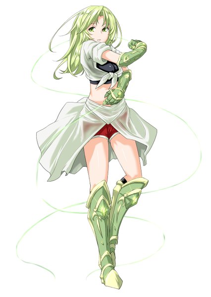 Anime picture 1104x1553 with original kaho single long hair tall image simple background white background green eyes bent knee (knees) green hair bare belly girl gloves shorts boots short shorts gauntlets