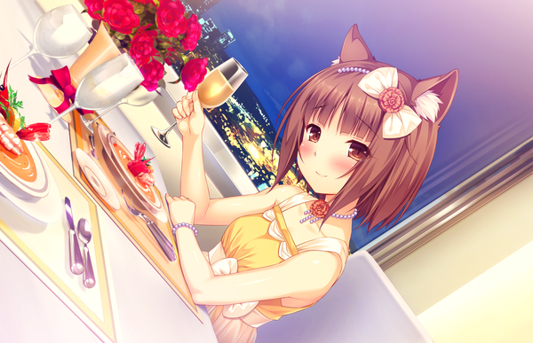 Anime picture 1580x1020 with neko paradise neko works (studio) azuki (sayori) sayori single looking at viewer blush fringe short hair smile brown hair sitting bare shoulders brown eyes animal ears game cg blunt bangs head tilt cat ears night