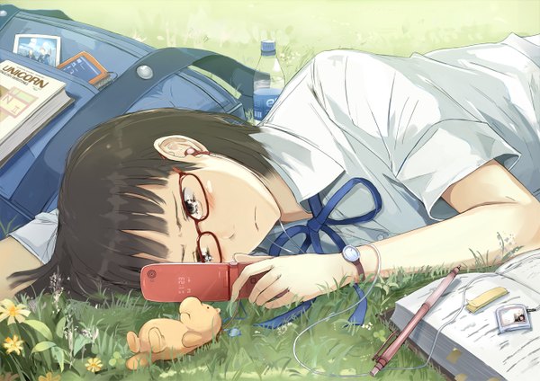 Anime picture 1412x1000 with original moka. tapioka blush short hair black hair lying black eyes tears girl uniform flower (flowers) bow plant (plants) school uniform shirt glasses book (books) grass school bag clock