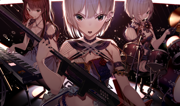 Anime picture 1947x1155 with girls frontline wa2000 (girls frontline) mg5 (girls frontline) js05 (girls frontline) atha (leejuiping) long hair looking at viewer blush fringe highres short hair breasts open mouth light erotic hair between eyes brown hair wide image standing sitting multiple girls