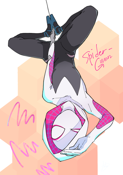 Anime picture 2331x3307 with marvel comics spider-gwen hanten (hantennano) single tall image looking at viewer highres full body character names upside down superhero girl bodysuit