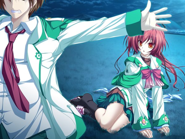 Anime picture 1600x1200 with magus tale whirlpool (studio) seera finis victoria amagase daiki tenmaso long hair short hair open mouth red eyes brown hair sitting game cg ponytail red hair night spread arms clenched teeth girl boy uniform