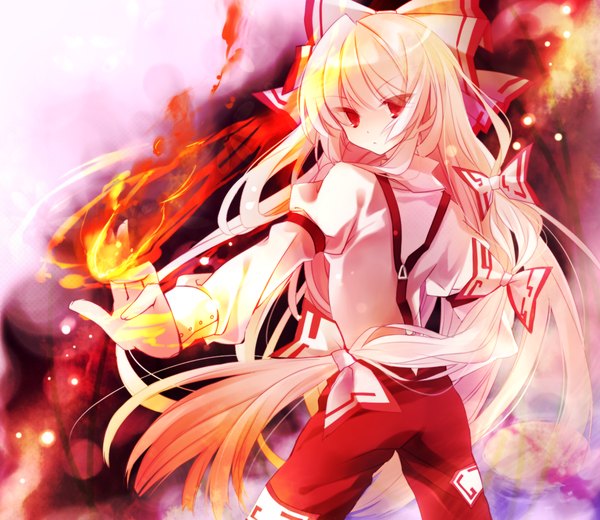 Anime picture 1186x1028 with touhou fujiwara no mokou ibara riato single long hair red eyes standing white hair girl bow hair bow suspenders flame