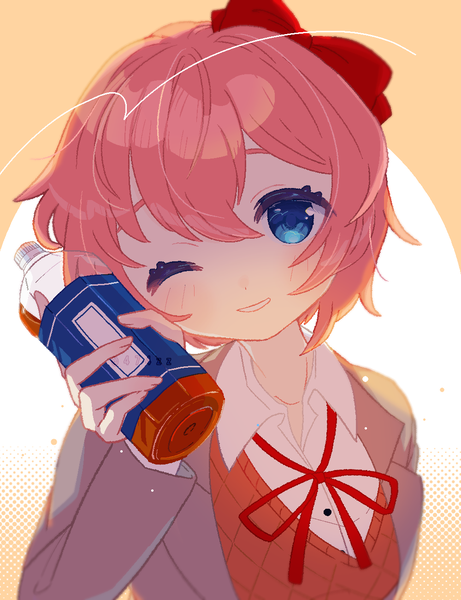 Anime picture 1000x1302 with doki doki literature club sayori (doki doki literature club) anzen robo (474zz) single tall image looking at viewer blush fringe short hair blue eyes smile hair between eyes holding pink hair upper body long sleeves parted lips head tilt one eye closed wink