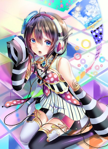 Anime picture 800x1102 with original okutani toro single tall image looking at viewer blush short hair open mouth blue eyes black hair bare shoulders girl thighhighs dress detached sleeves headphones