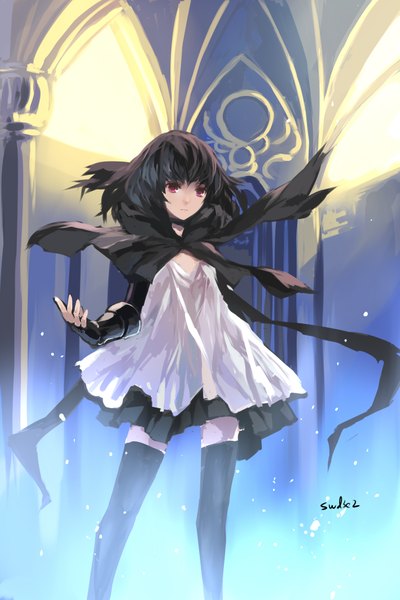 Anime picture 1417x2125 with original swd3e2 single tall image looking at viewer short hair black hair red eyes signed girl thighhighs dress black thighhighs