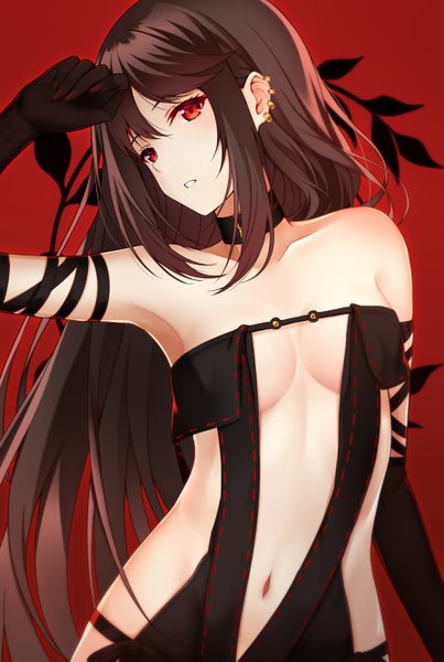 Anime picture 1790x2662 with fate (series) fate/grand order yu mei-ren (fate) rko (a470350510) single long hair tall image looking at viewer blush fringe highres breasts light erotic simple background hair between eyes brown hair standing bare shoulders payot parted lips