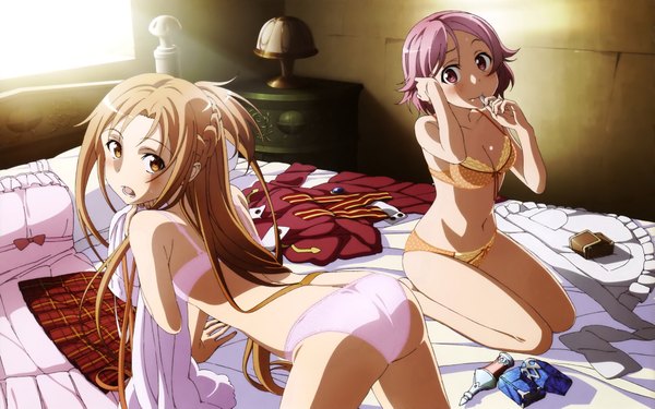 Anime picture 4066x2545 with sword art online a-1 pictures yuuki asuna lisbeth nakamura naoto long hair blush highres short hair open mouth light erotic brown hair multiple girls brown eyes pink hair absurdres pink eyes looking back scan official art