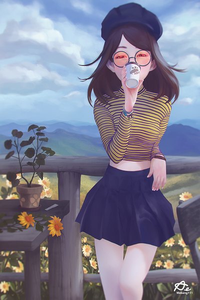 Anime picture 667x1000 with original webang111 single long hair tall image looking at viewer brown hair brown eyes signed sky cloud (clouds) outdoors long sleeves nail polish pleated skirt midriff watermark mountain drinking girl