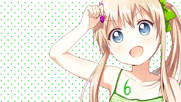 Anime picture 1460x821 with yuru yuri doga kobo toshinou kyouko namori single long hair looking at viewer fringe open mouth blue eyes blonde hair wide image upper body arm up :o wallpaper side ponytail alternate hairstyle polka dot third-party edit