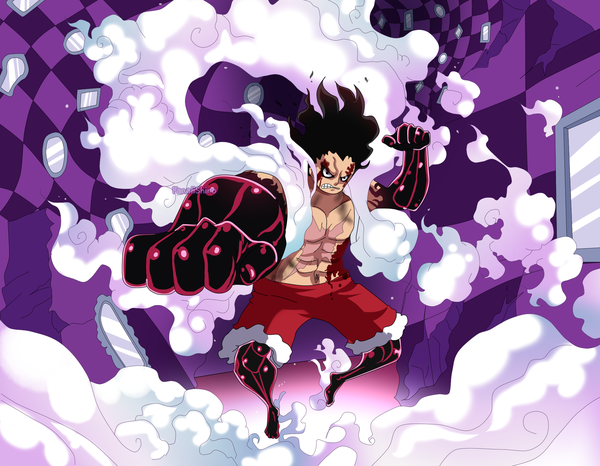 Anime picture 2163x1683 with one piece toei animation monkey d. luffy fanalishiro single looking at viewer highres short hair black hair signed full body black eyes no shoes fur trim coloring outstretched arm scar topless smoke muscle