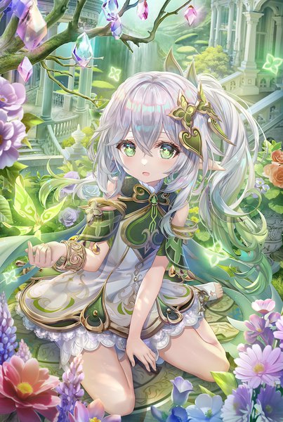 Anime picture 1200x1787 with genshin impact nahida (genshin impact) crystalfly (genshin impact) torino aqua single long hair tall image looking at viewer blush fringe hair between eyes sitting green eyes silver hair full body bent knee (knees) outdoors multicolored hair arm up pointy ears
