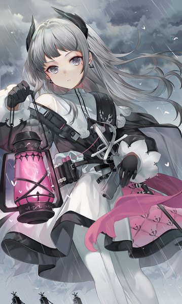 Anime picture 2066x3457 with arknights irene (arknights) ion (on01e) single long hair tall image looking at viewer fringe highres standing holding green eyes payot sky cloud (clouds) outdoors blunt bangs long sleeves parted lips horn (horns)