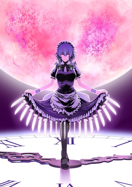 Anime picture 1381x1964 with touhou izayoi sakuya single tall image short hair breasts smile red eyes standing purple hair braid (braids) night maid twin braids crazy smile crazy eyes girl bow weapon pantyhose