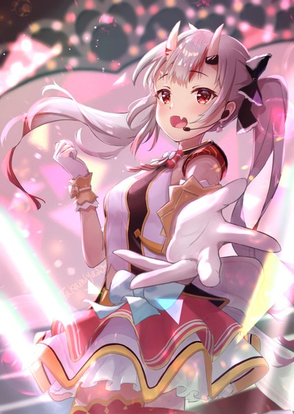 Anime picture 620x874 with virtual youtuber hololive nakiri ayame takamiya so single long hair tall image looking at viewer open mouth red eyes twintails silver hair :d multicolored hair horn (horns) fang (fangs) streaked hair official alternate costume outstretched hand oni horns