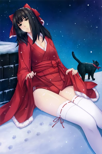 Anime picture 2652x4000 with caucasus nanatsuki benio sugina miki single long hair tall image looking at viewer fringe highres light erotic black hair sitting blunt bangs traditional clothes parted lips japanese clothes pleated skirt black eyes scan night