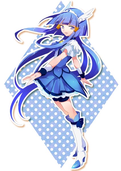 Anime picture 1000x1414 with precure smile precure! cure beauty chiyo (rotsurechiriha) single tall image blue eyes smile standing blue hair very long hair pleated skirt short sleeves high heels polka dot magical girl polka dot background girl skirt hair ornament